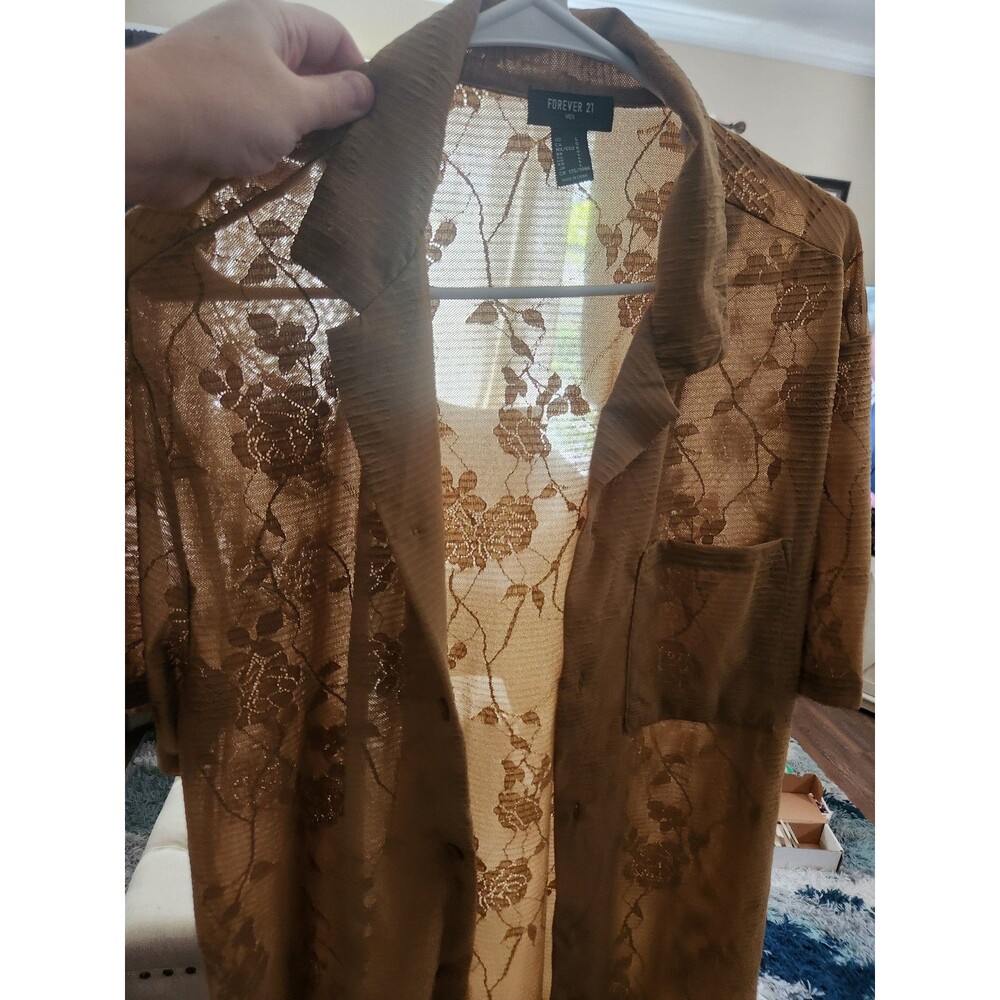 Mens L Rue 21 tan/orange sheer summer button up shirt